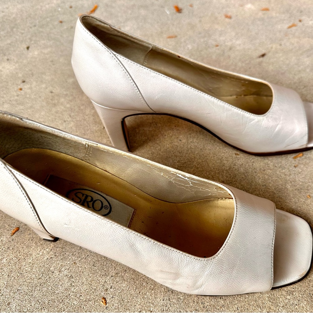 SRO Champagne Metallic Leather Open Toe Heels